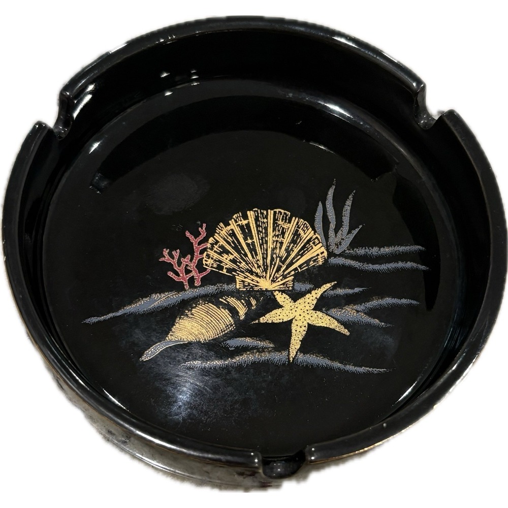 Vintage Otagiri Japan Black and Gold Shell Ocean Design Round Ashtray EUC